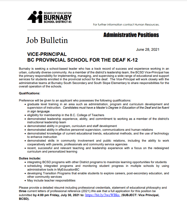 Job Opportunity: VICE-PRINCIPAL BC PROVINCIAL SCHOOL FOR THE DEAF K-12