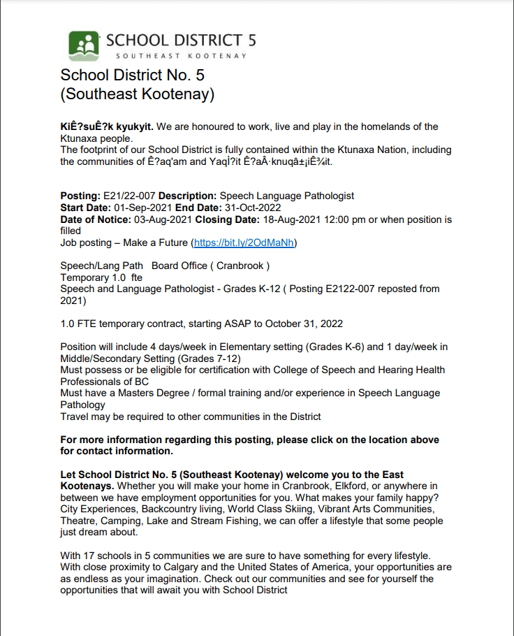 Speech Language Pathologist Job Posting #2 – SD 05