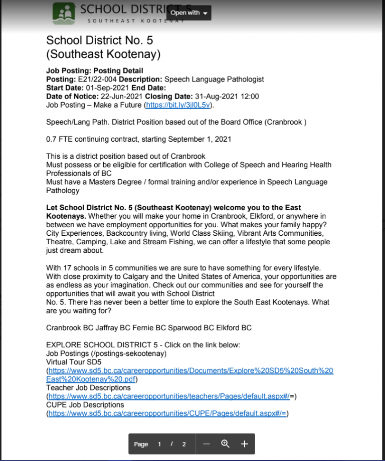 Speech Language Pathologist Job Posting #1 – SD 05