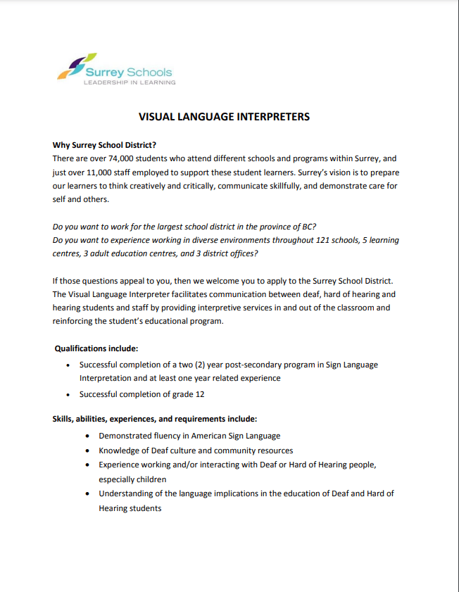 Visual Language Interpreter Opportunity – SD 36