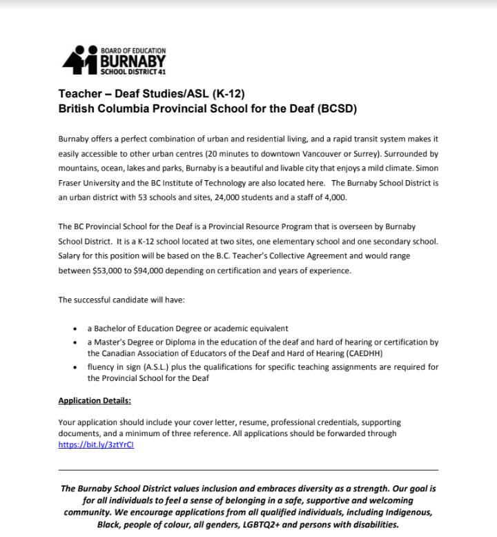 Teacher – Deaf Studies/ASL (K-12)<br>British Columbia Provincial School for the Deaf (BCSD)
