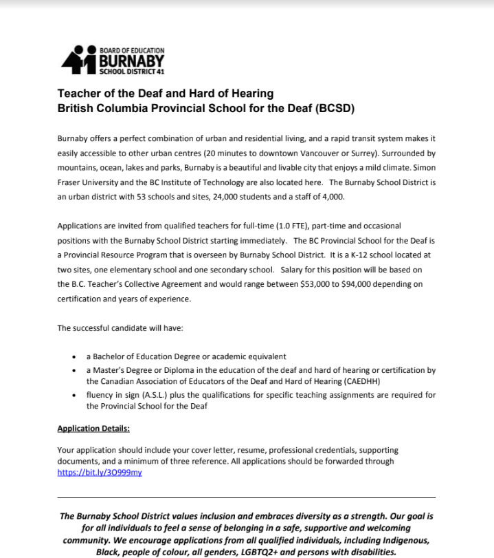 Teacher of the Deaf and Hard of Hearing<br>British Columbia Provincial School for the Deaf (BCSD)