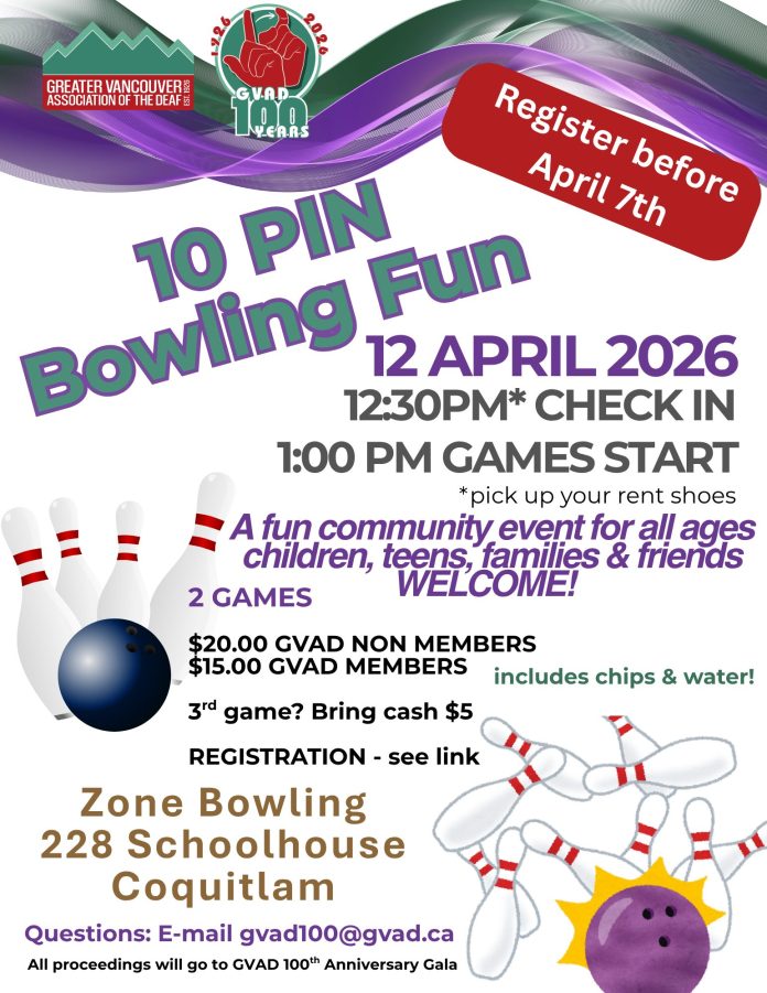 10 Pin Bowling Fun Flyer 10 Pin Bowling Fun Flyer featuring white background with purple and green ribbons at the top. Logos and a red banner occupy the upper corners. A 3D blue bowling ball and pins on the left contrast a cartoon purple ball hitting pins in the bottom right.