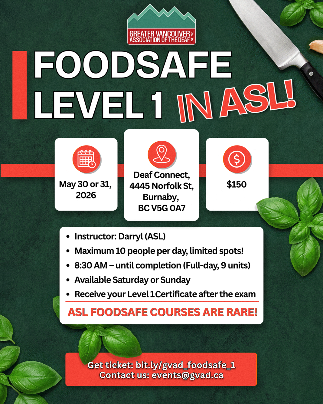 Promotional flyer for FoodSafe Level 1 in ASL. Graphic features a dark green background, basil leaves, a chef's knife, and white panels for event details.