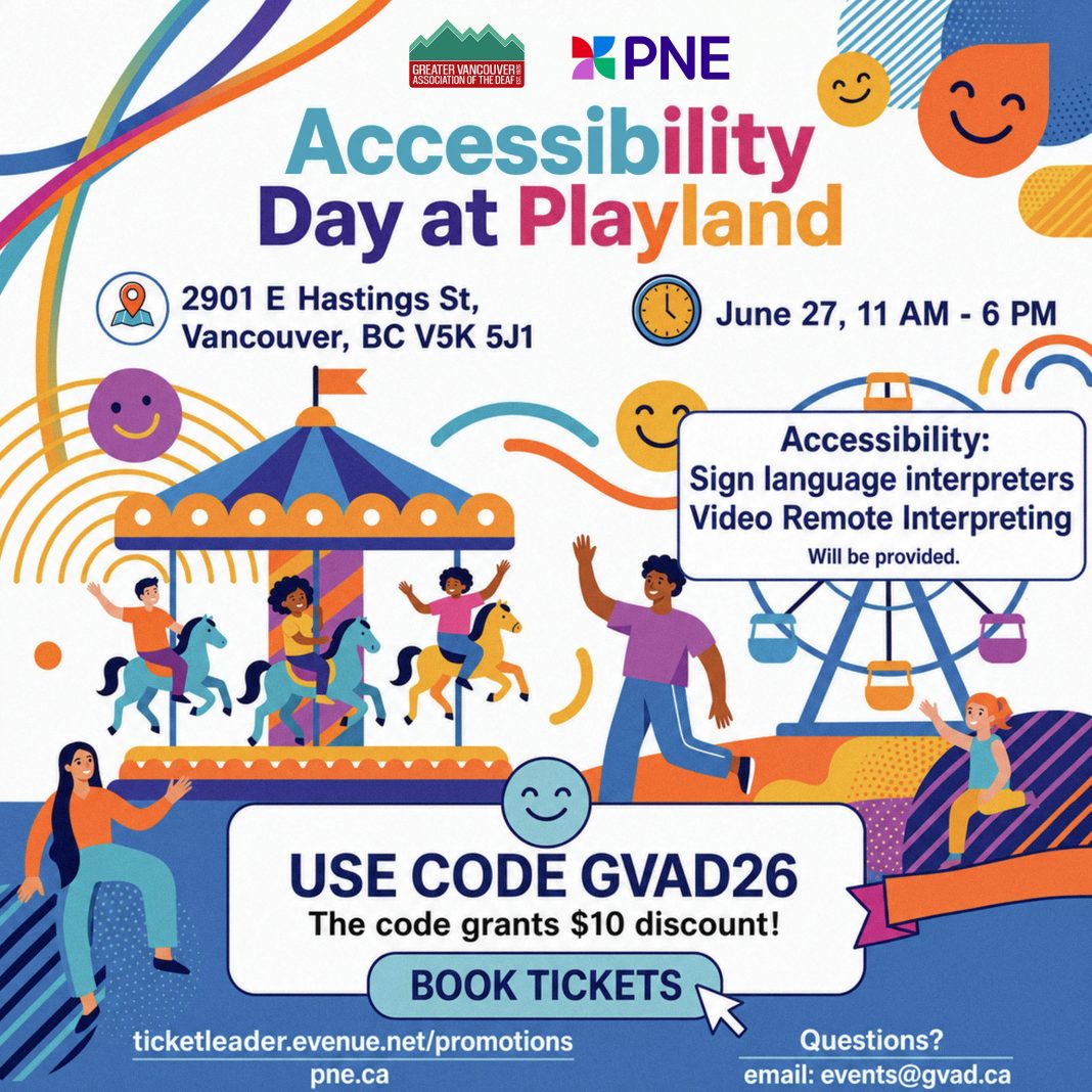 A colourful event flyer for Accessibility Day at Playland, featuring the GVAD and PNE logos at the top. The title reads 