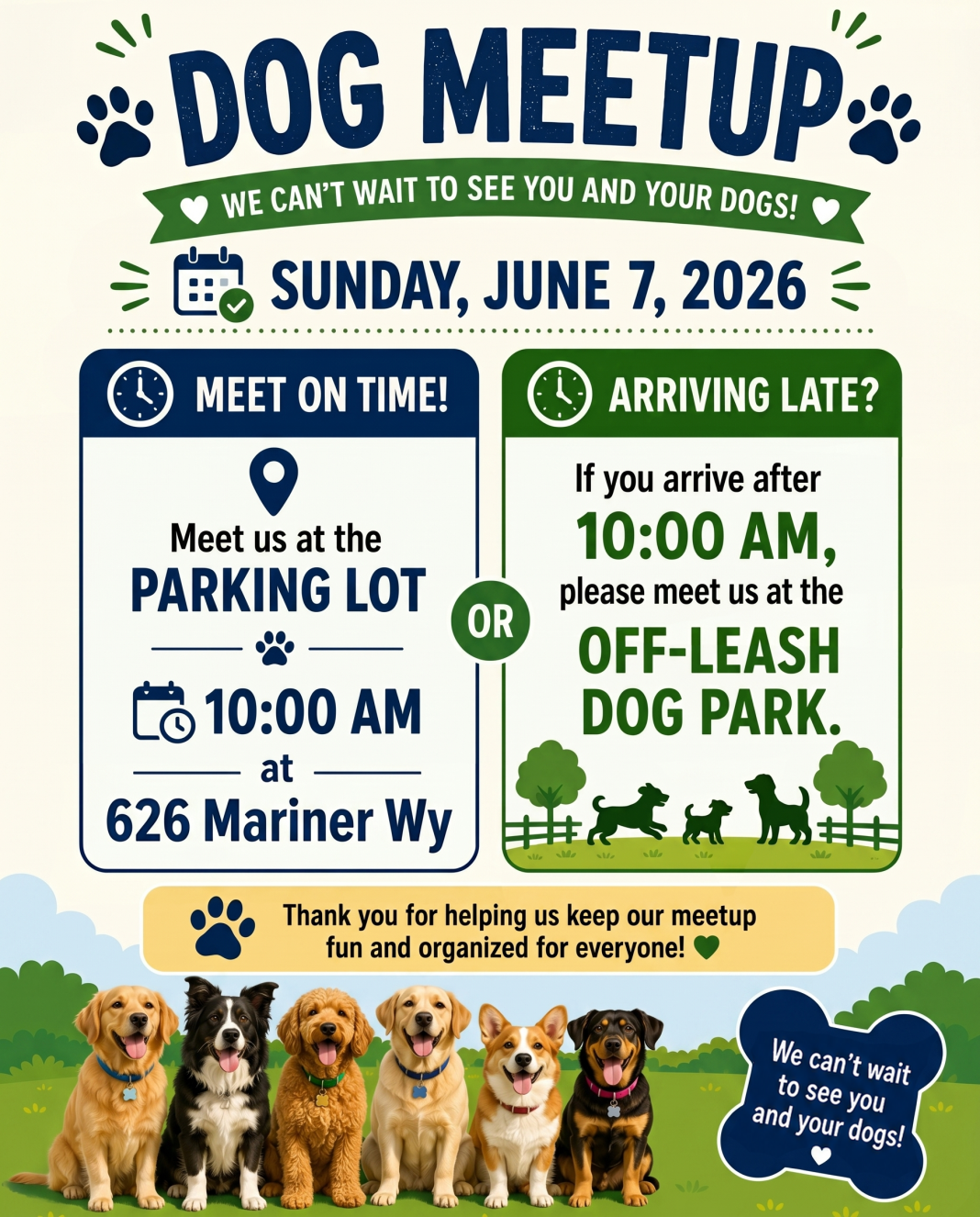 A colourful event flyer featuring six happy dogs of different breeds sitting on grass, with paw print decorations and two information panels showing meeting location and late arrival instructions.