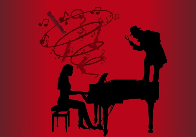 Murder for Two graphic Red back ground and black silouettes graphic image