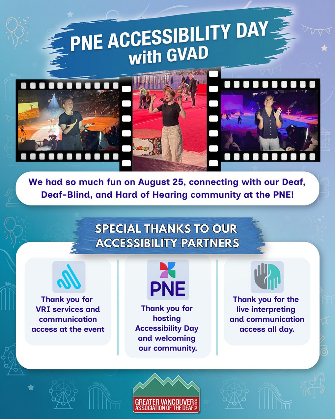 PNE Accessibility Day with GVAD flyer with photos, thank-you message, and partner logos.
