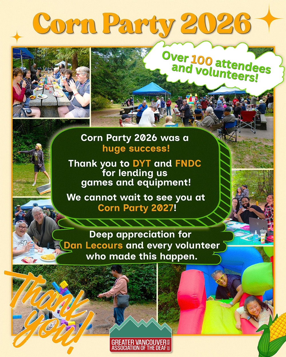 A flyer with a collage of photos from Corn Party 2026, showing groups of people at picnic tables eating and talking, a wide shot of the park with tents and a crowd gathered, a person playing cornhole, two people smiling together at a table, kids playing with building blocks, and people laughing together on an inflatable bounce castle.