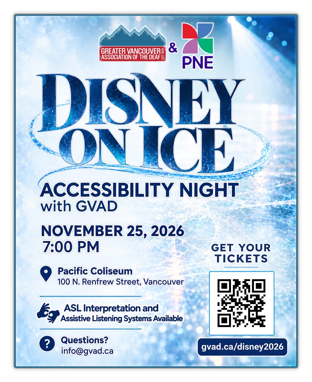 Flyer for Disney On Ice Accessibility Night with GVAD and PNE logos on an icy blue rink background